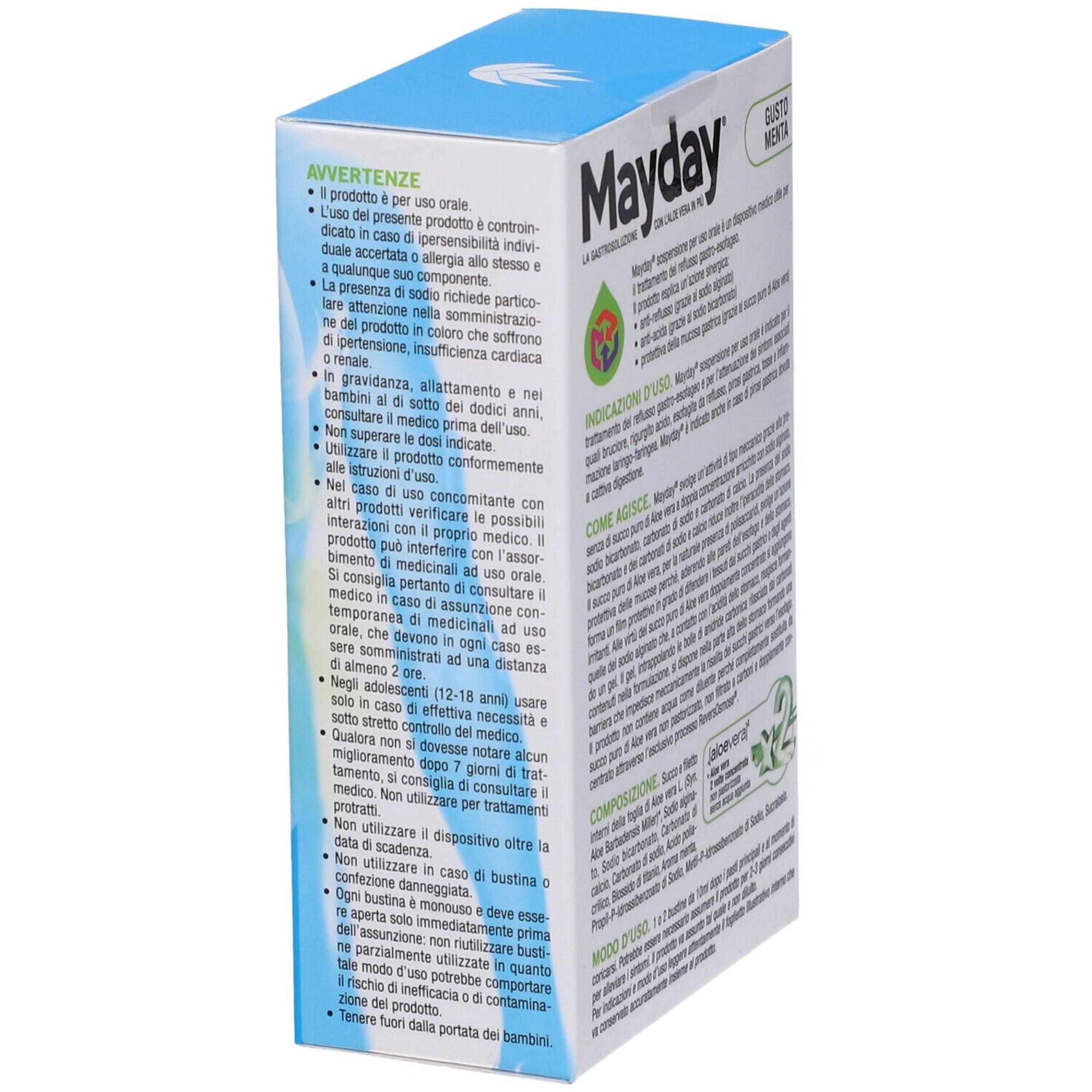 Zuccari Mayday Gastrosolution Lot de 12 bâtonnets de 10 ml avec double concentration d'aloe vera, alginate de sodium et bicarbonate de sodium, soulagement du reflux gastro-œsophagien et de