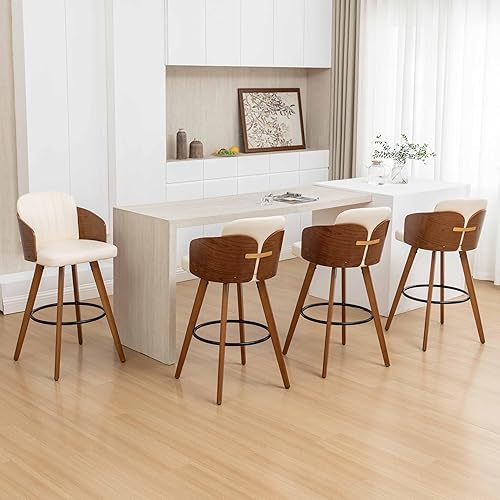 Bar Stools Set of 4, 30 Inch Mid Century Bar Height Barstools with Walnut Back and Arms, Upholstered Seat, Swivel Barstools for Bar/Pub/Coffee(Walunt/Beige)