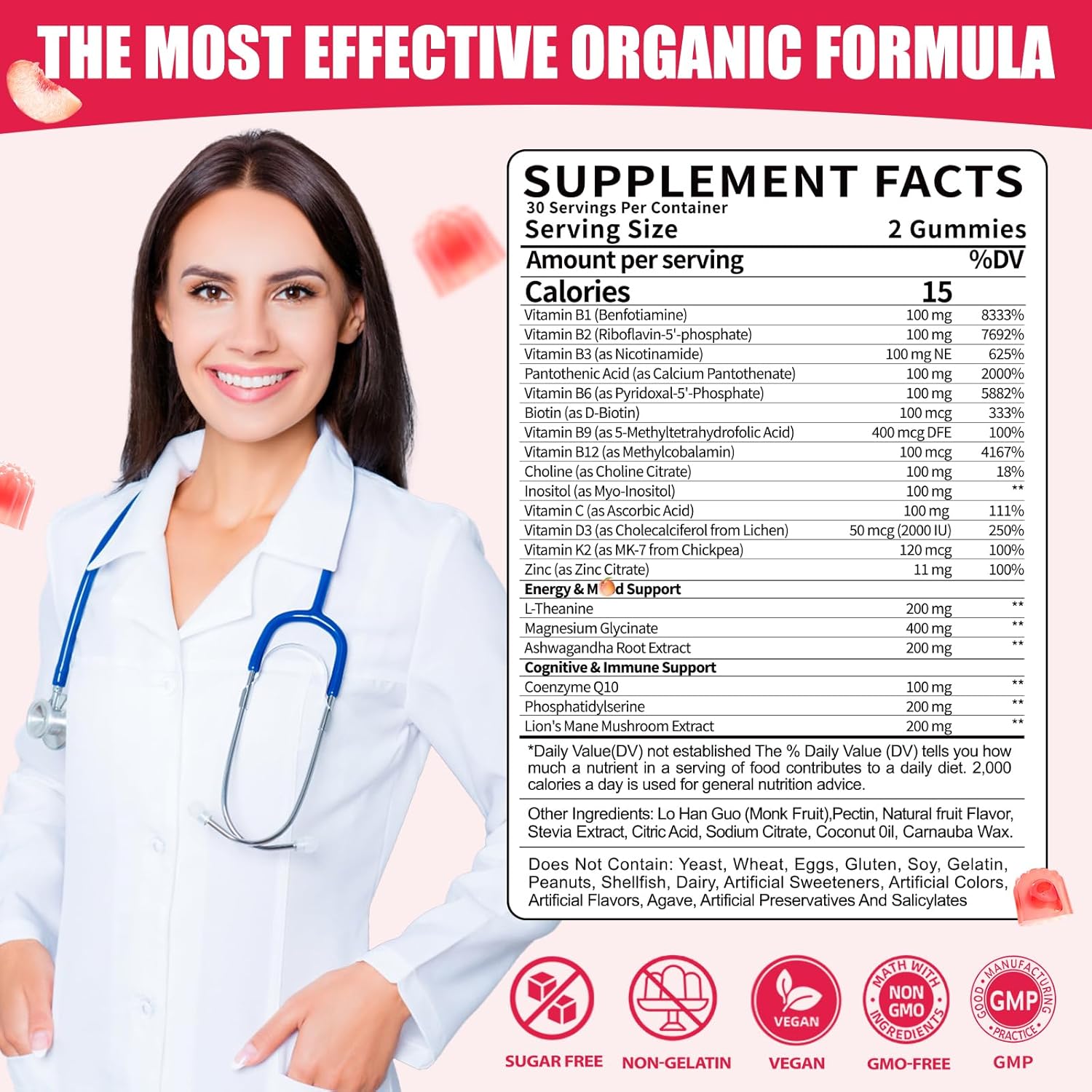 Organic Vitamin B-100 Complex Gummies: Chewable B Complex Supplement with All B Vitamins B1 B2 B3 B5 B6 B7 B9 B12 Plus D3 Zinc Ashwagandha - Energy Support for Work Women Men Vegan(120Count)