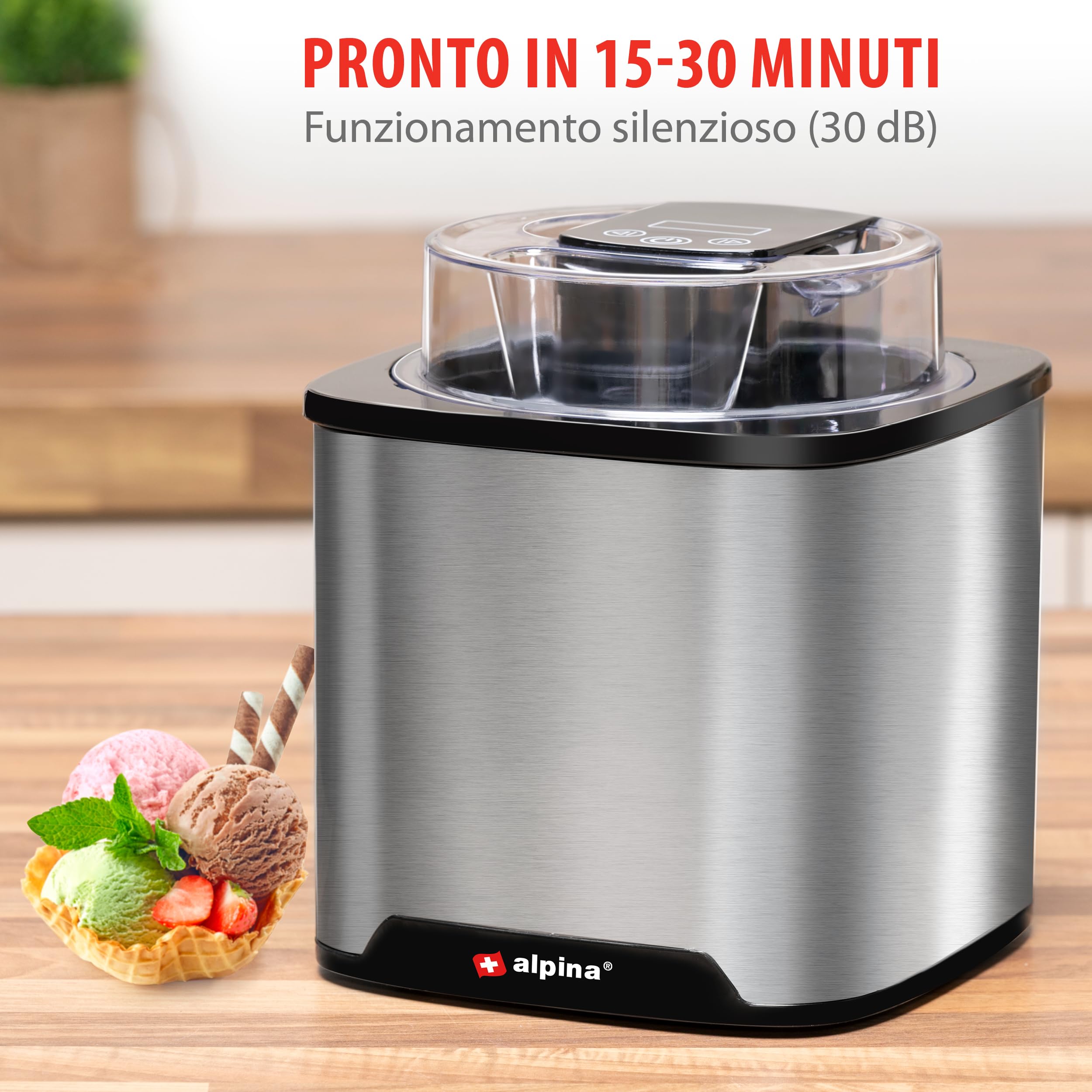 alpina Gelatiera Refrigerante 2L, Macchina Gelato, Yogurt Gelato, Sorbetto, Doppio Isolamento, Ice Cream Maker Autoattivante, Acciaio Inossidabile, Colore Argentoe Argento