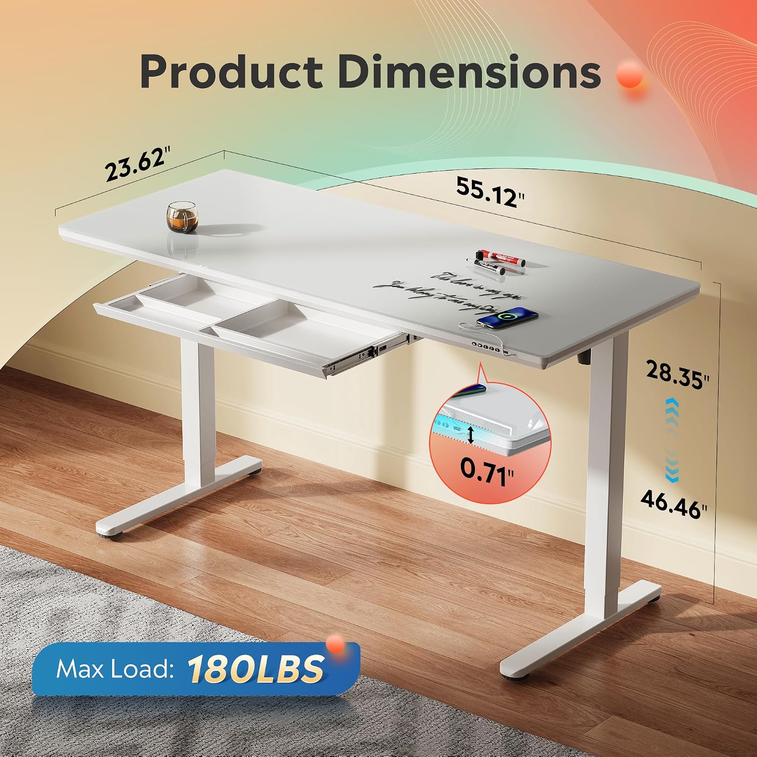 DEVAISE Standing Desk with Product Dimensions