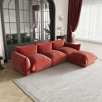 JACH 103" L-Shaped Sectional Couch, Minimalist Chenille Modular Sofas Couches, Mid-Century Sofa Sectionals with Reversible Chaise Ottoman for Living Room, Office, Apartment, Red
