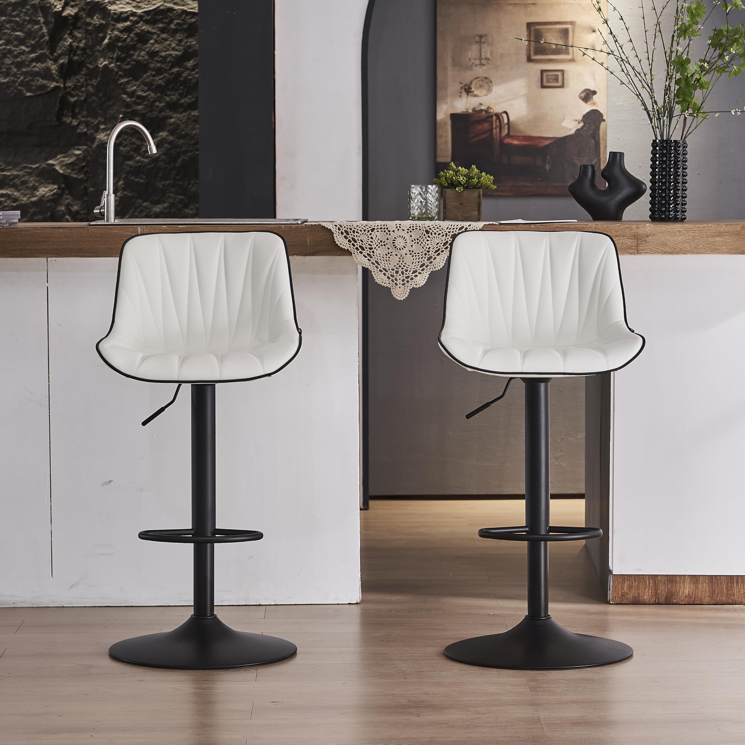 YOUNIKE Bar Stools Set of 2 for Kitchen Island, White Faux Leather Padded Bar Stools, Adjustable Barstools with Back, Modern Tall Bar Stools with 300LBS Support, Counter Height Swivel Bar Chairs