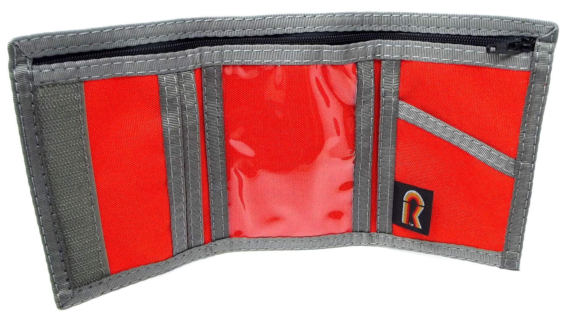 RFID Nylon Trifold Hook and Loop Wallet. w/Inside ID Window. Made in USA (Bright Orange with Gray Trim)
