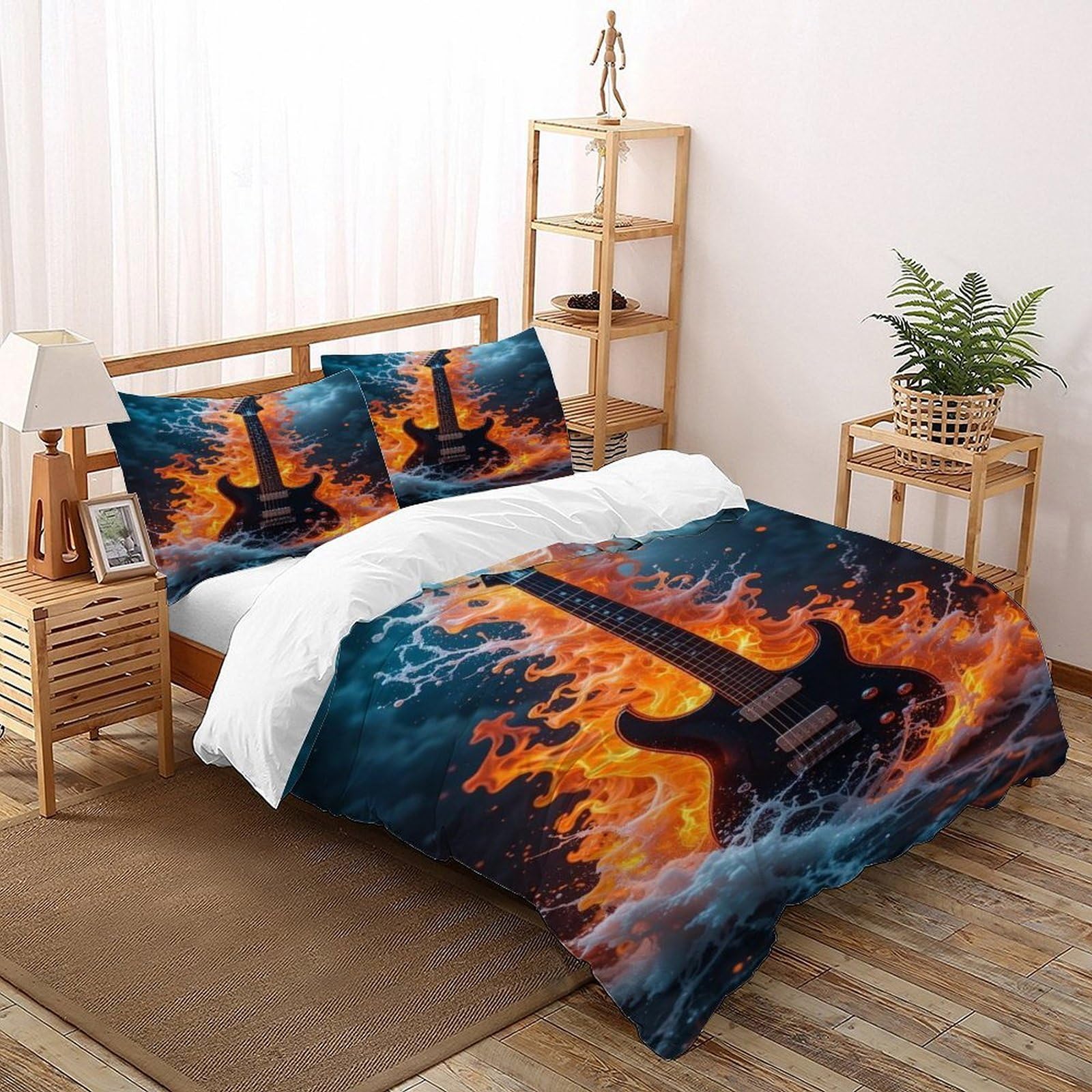 Guitar Fire Bedding Set Theme Bedspread Space Theme Theme Duvet Cover Set Microfiber Quilt Cover Universal for All Seasons Pillowcase Double（200x200cm）