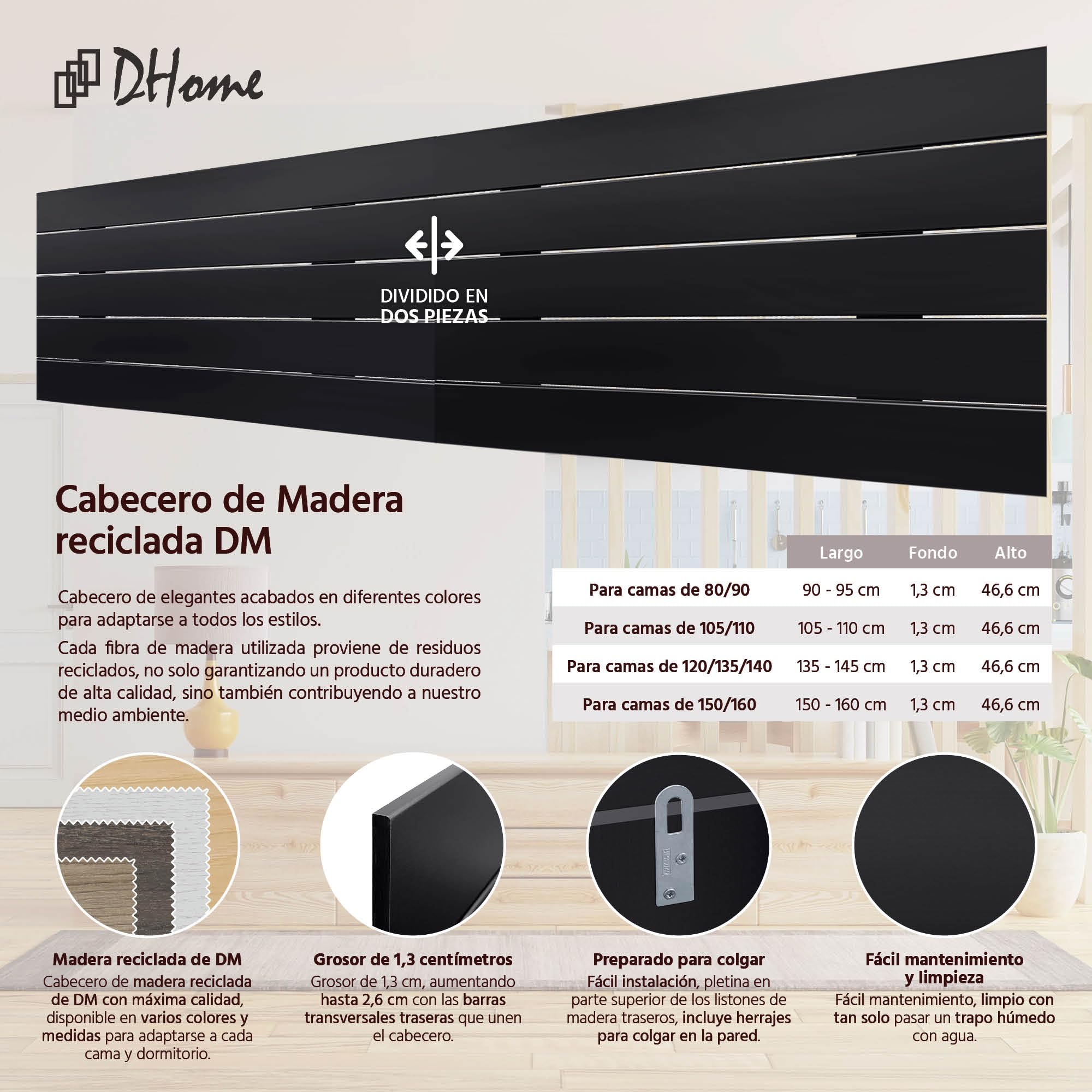 DHOME Kopfteil Aus Recyceltem MDF-Holz Im Paletten-Look – Schwarz, 210 Cm Doppelbett