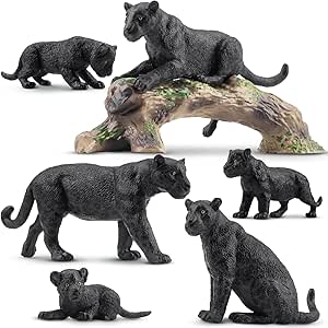 TOYMANY 7PCS Black Panthers Figurines with Cubs and Tree Trunk, Realistic Jungle Animals Figures Family Set, Wildlife Figure, Educational Toy Cake Toppers Christmas Birthday Gift for Kids Toddlers