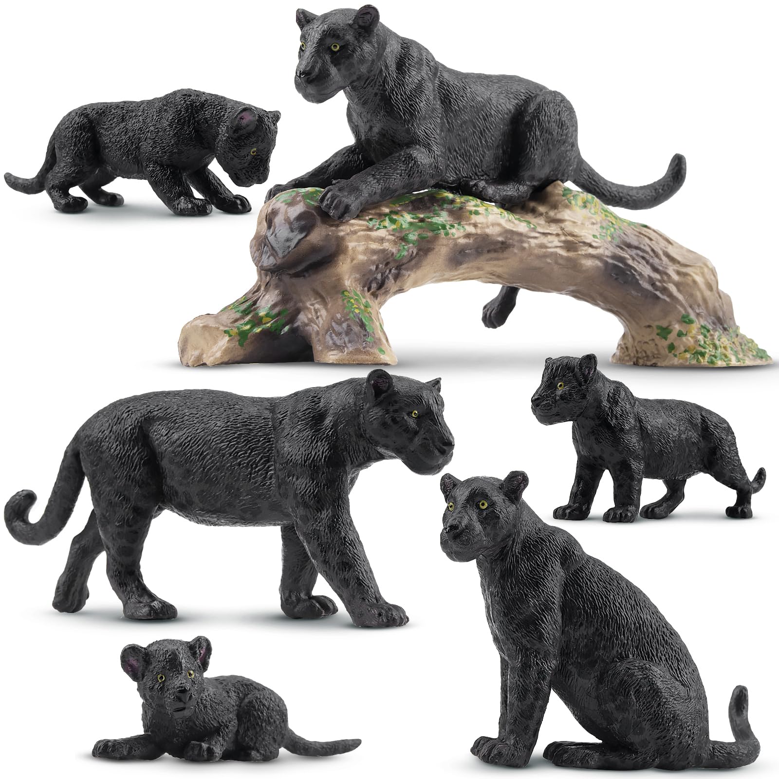 TOYMANY 7 Stück Schwarzer Panther Tiere-Figuren mit Babys und einem Baumstamm,Realistische Wald Spielzeug Plastik Zoo Dschungeltierfiguren, Lernspielzeug-Kuchenaufsatz, zum Spielen oder als Deko