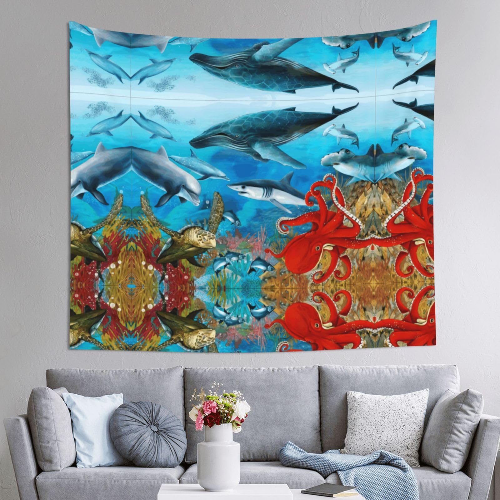 HLSBSSL 60x51in Dolphins Sea Turtle Octopus Coral Reef Printed Tapestry Tablecloth for Dormitory and Picnic Rooms - Multifunctional Fabric Hanging