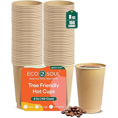 ECO SOUL 100% Compostable Plant-Based 8oz Hot Cups | (100 Count, 8 oz Hot Cups) | Disposable Bagasse Paper Cups | Eco-friendly Cups | Sturdy, Microwave & Oven Safe