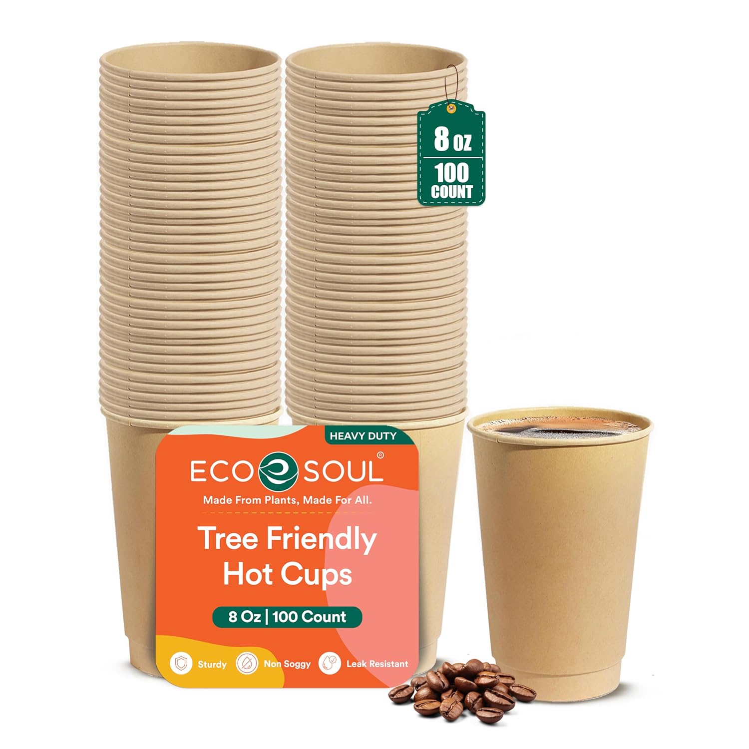 ECO SOUL 100 Pack 8 oz Disposable Coffee Cups Eco-Friendly Biodegradable Compostable Leak-free Sturdy To Go Hot Drink