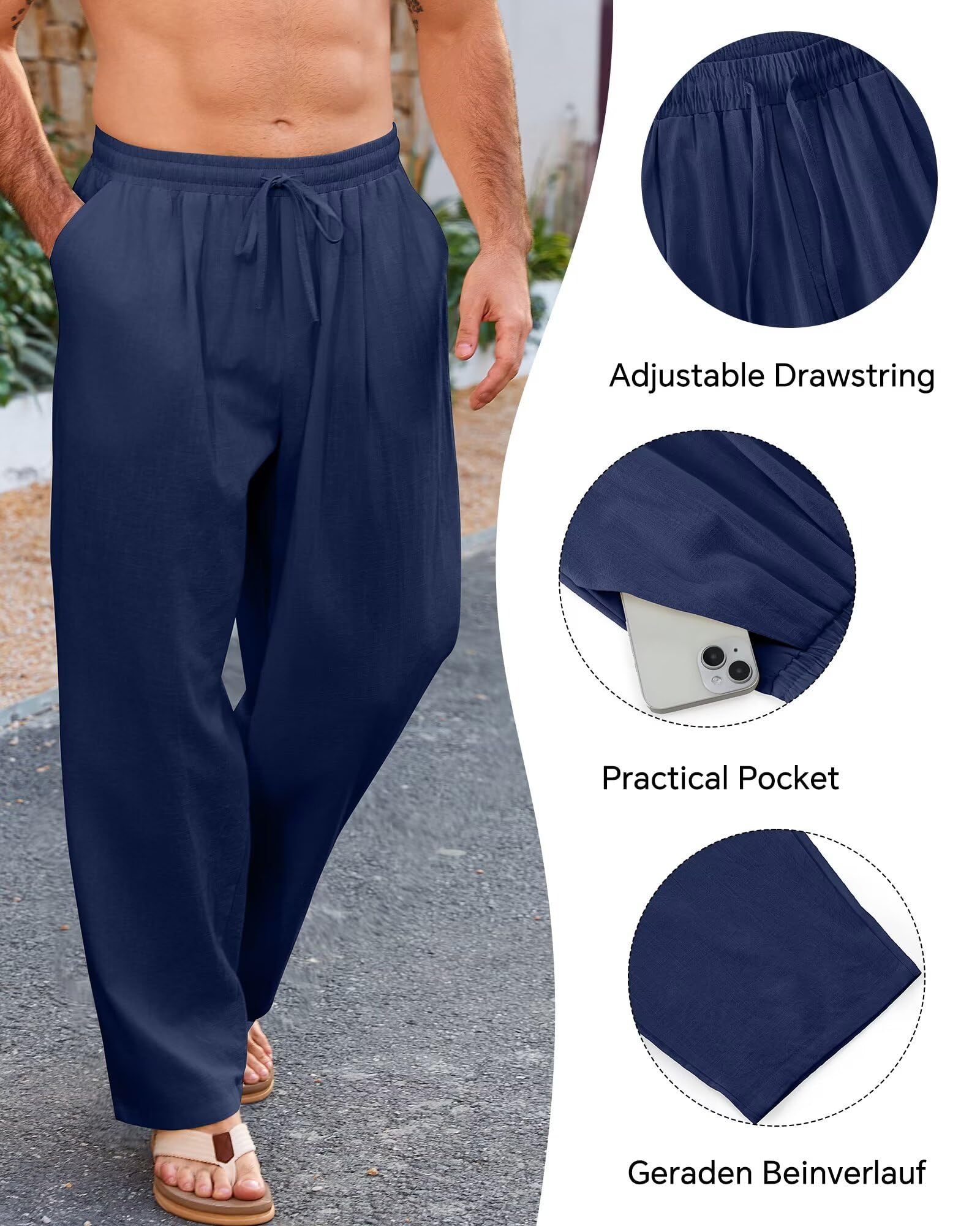Elainone Pantalon Homme Coton Léger Été Pantalon Décontracté Taille Élastique avec Poches Pantalon Ample pour Vacances Plage Voyage Pantalon Homme Style Casual M-3XL