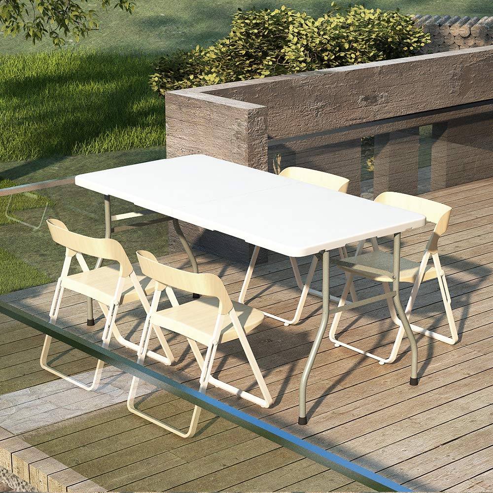 sogesfurniture Table de Jardin Blanc en Plastique - Intérieure/Extérieure/, Table Pliante pour Camping Traiteur Buffet Picnic, Portable avec Poignée, 152x71x74cm, HP-152CZ-BH