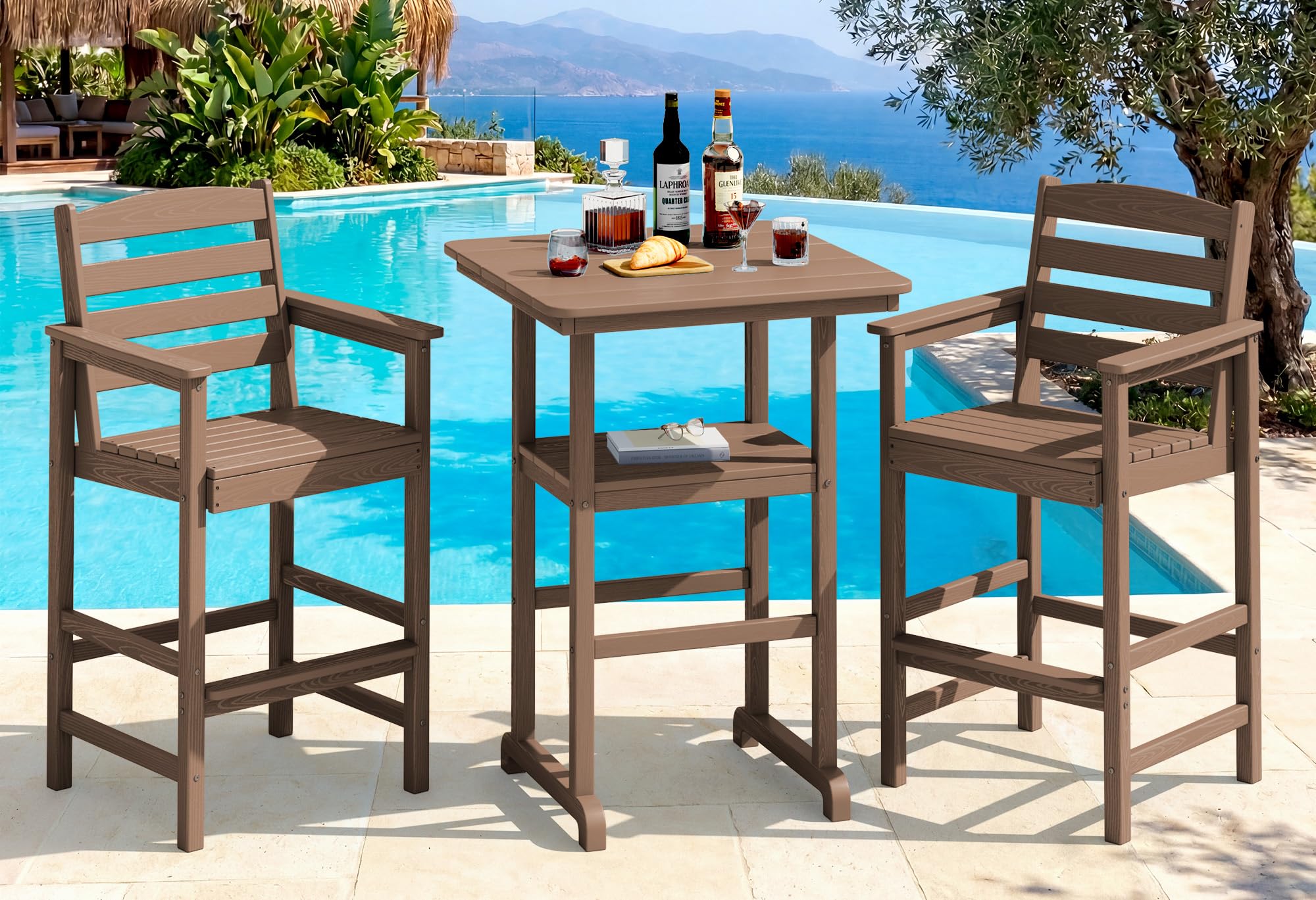 SERWALL 3 Pcs HDPE Bar Height Chairs and Double Layer Pub Table Set, Brown