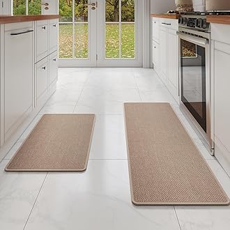 YDKGL Kitchen mats for Floor Water and Oil Absorbent Runner Rugs for Kitchen, Kitchen Mat in Front of Sink,Non-Slip Kitchen Rugs,Durable Imitation Linen Kitchen Rug Brown 17x30+17x47