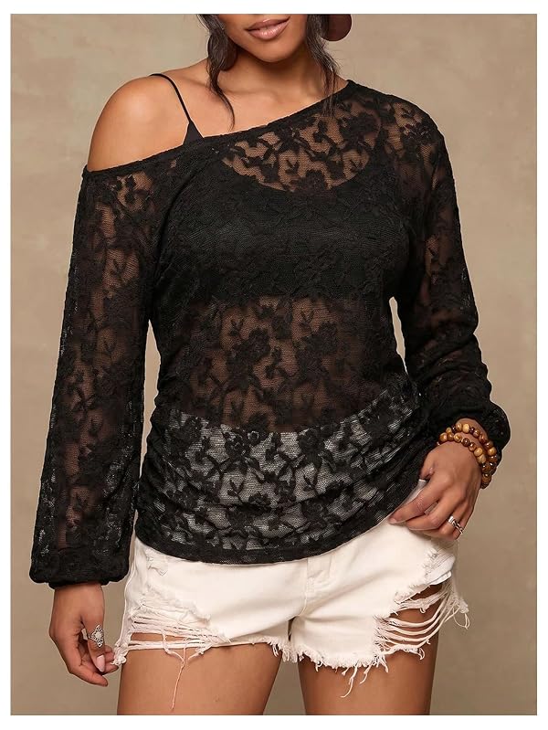 RoseSeek Women's Plus Size Sheer Off The Shoulder Mesh Summer Tops by RoseSeek - Used condition - Image 3
