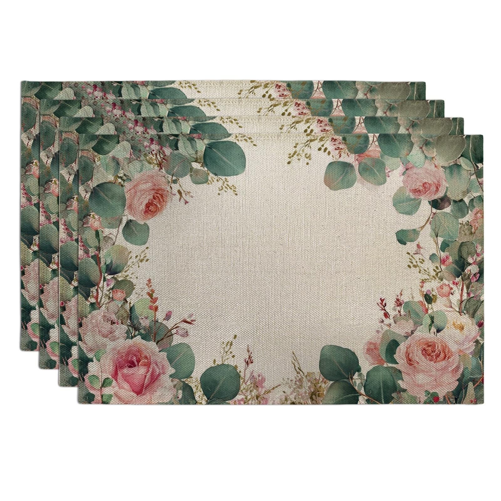 Spring Floral Eucalyptus Placemats, Peach Green Botanical Table Mats for Dining, Non-Slip Washable Indoor Outdoor Party Decorative Placemat Set of 4