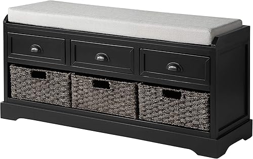 Knocbel Home Collection Banco de almacenamiento de mimbre, mueble de madera para entrada, pasillo, banco de dormitorio con cojín, 3 cajones y 3