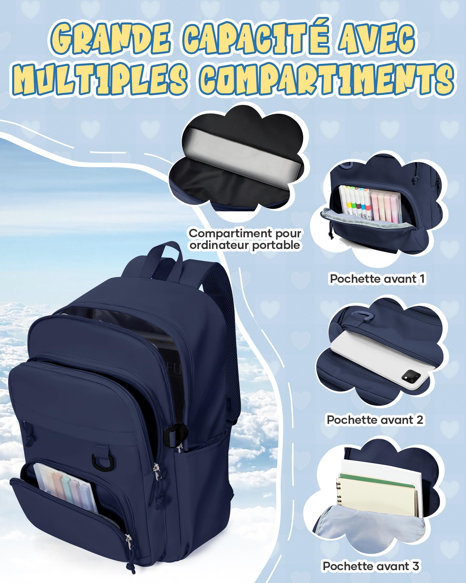 Sac à Dos College Homme Femme, Résistant Cartable Garcon Fille, Sac à Dos Scolaire Adolescents, Sac a dos avec Multi-poches, Loisir Unisexe Zaini Backpack,Bleu Foncé