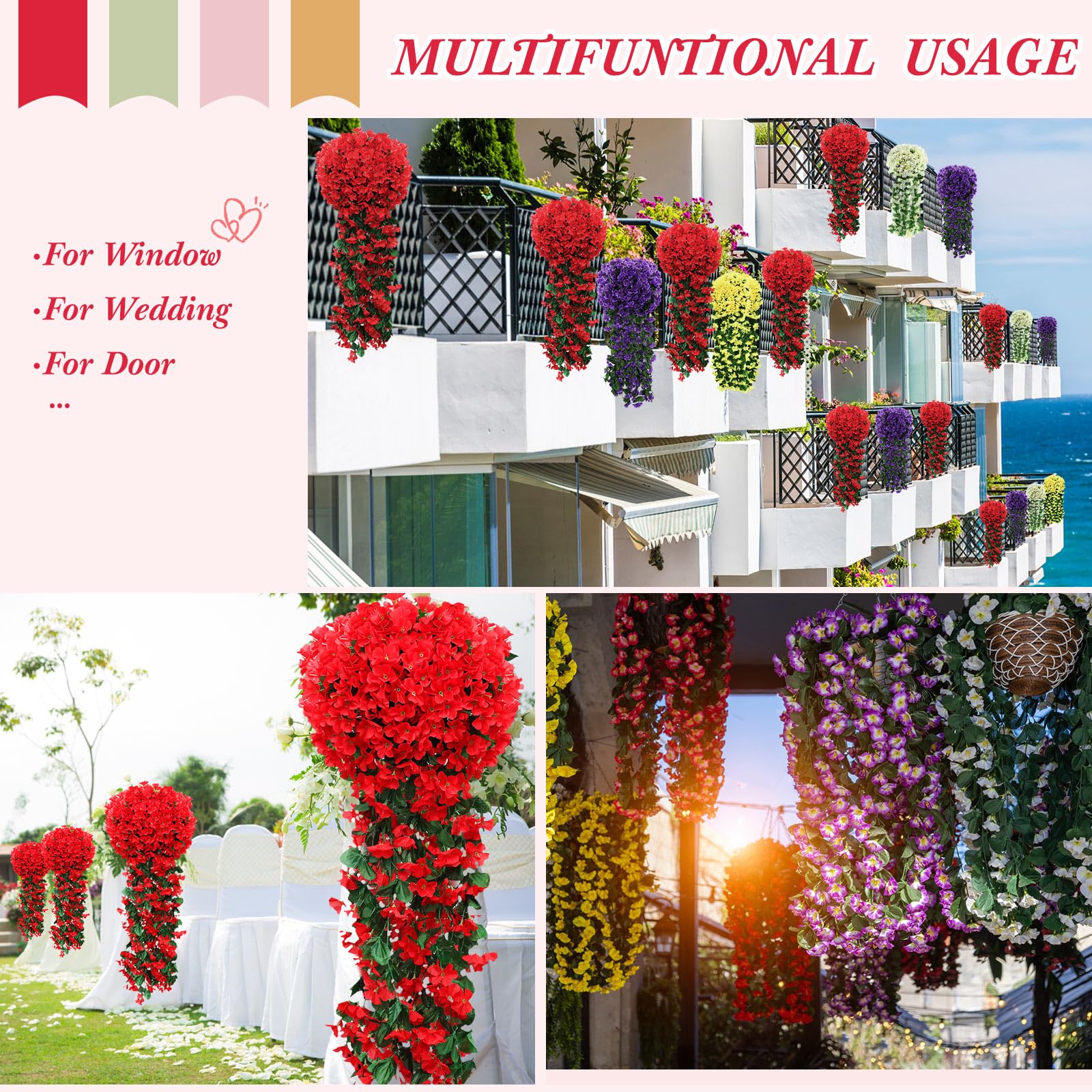 Paquete de 10 flores artificiales colgantes de hiedra violeta, plantas colgantes falsas para pared, hogar, patio, habitación, jardín, boda, interior y exterior, decoración de otoño (rojo)