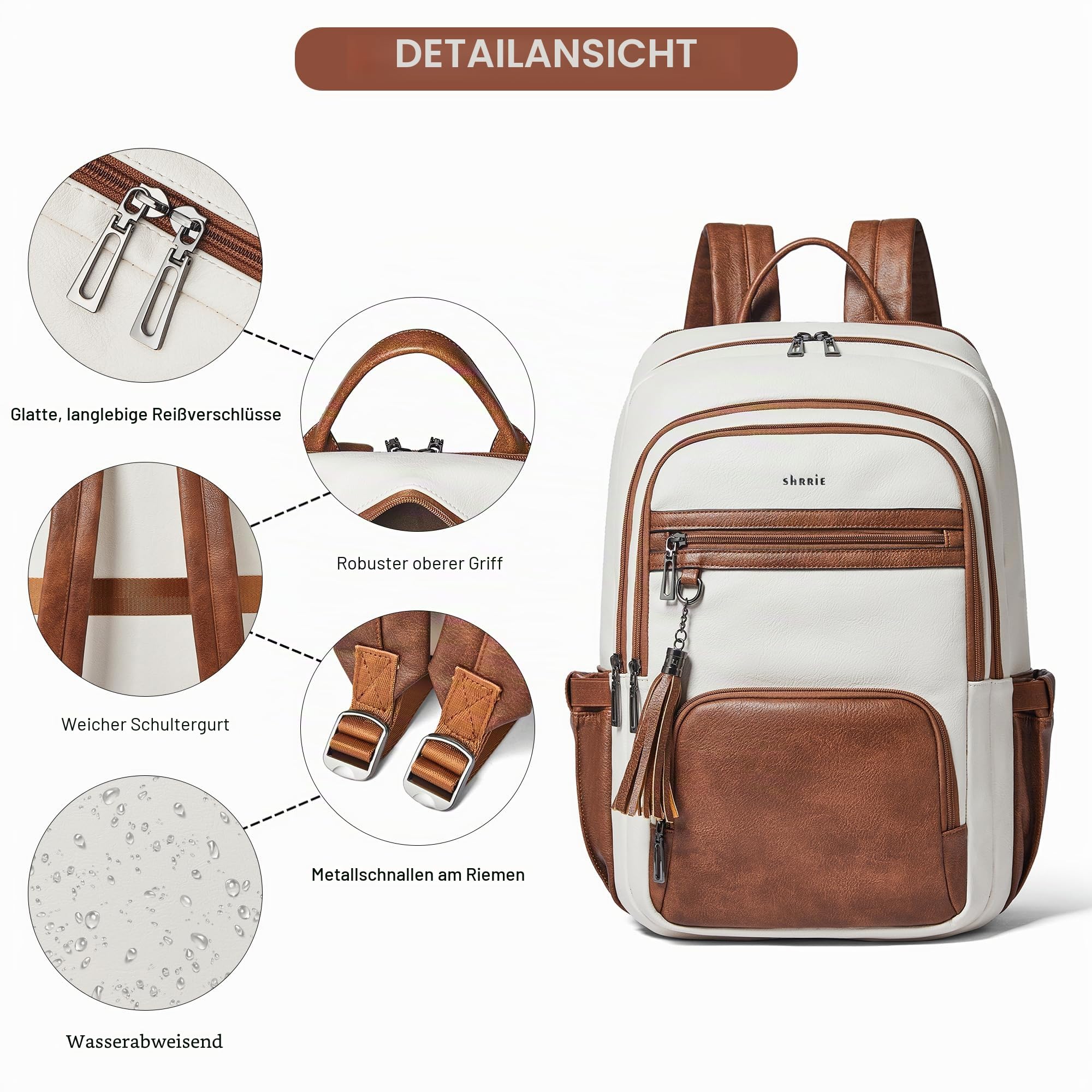 Shrrie 17 Zoll Laptop Rucksack für Frauen, Vegan Leder Rucksack Tasche, 28L Arbeit Business College Reise Computer Rucksäcke mit Tasche Tasche für große Kapazität Tasse & USB-Ladegerät