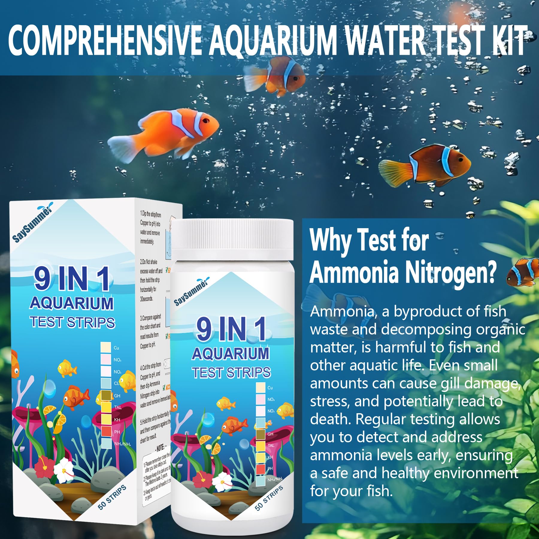 Aquarium Test Strips for Fish Tank: 9 in 1 Aquarium Ammonia Test Strips for Fish Tank - 50 Counts Aquarium Water Test Kit Testing Ammonia Nitrogen, Copper, pH and More - image 3