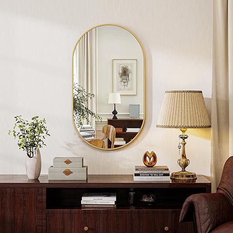 Koonmi Espejo de baño ovalado dorado, 30 x 60 cm, espejo de pared ovalado de vidrio templado, espejo de vanidad sin distorsión, colgante horizontal o vertical para dormitorio, entrada, sala de estar