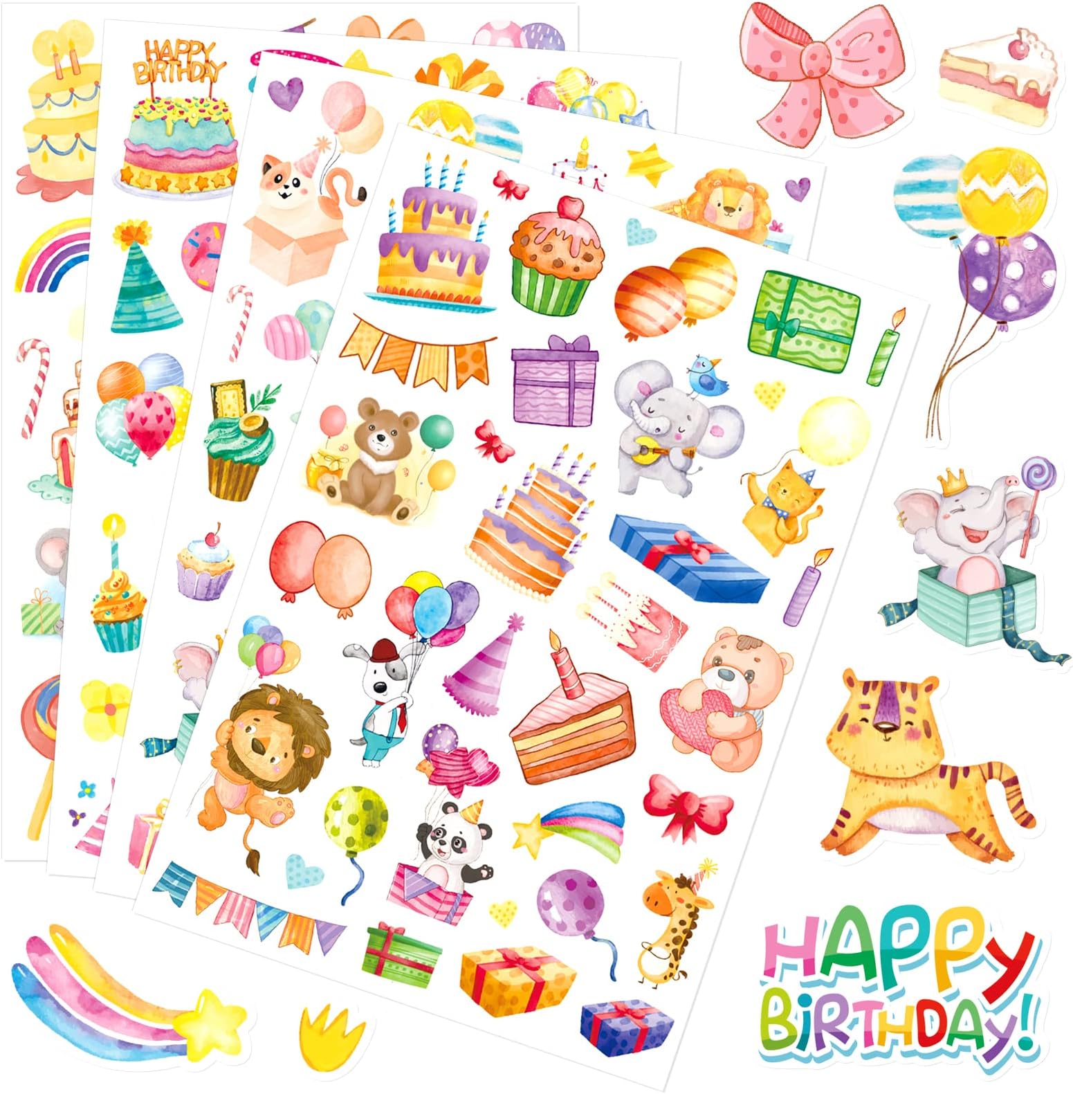 Cute Happy Birthday Animal Adhesive Stickers Watercolor Stickers 640 Count forBirthday Invitetions Envelopies Decorations Party Goodie Gifts Bags Decor School Game Rewards