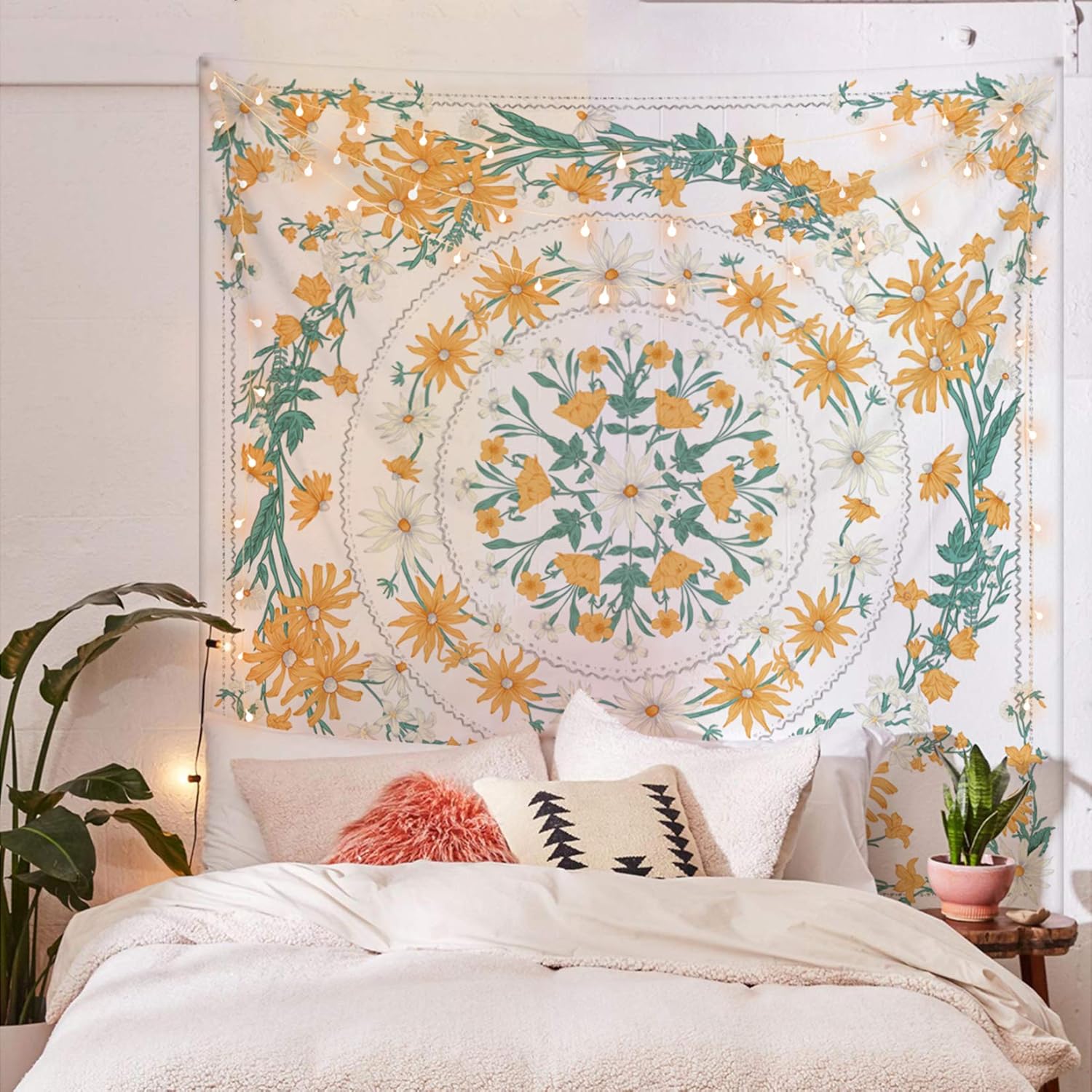 Simpkeely Mandala Floral Medallion Tapestry, Sketched Flower Plant Boho Wall Hanging, Bohemian Tapestries for Bedroom Living Room Dorm Home Décor 69 x 90 Inches (RosyBrown)