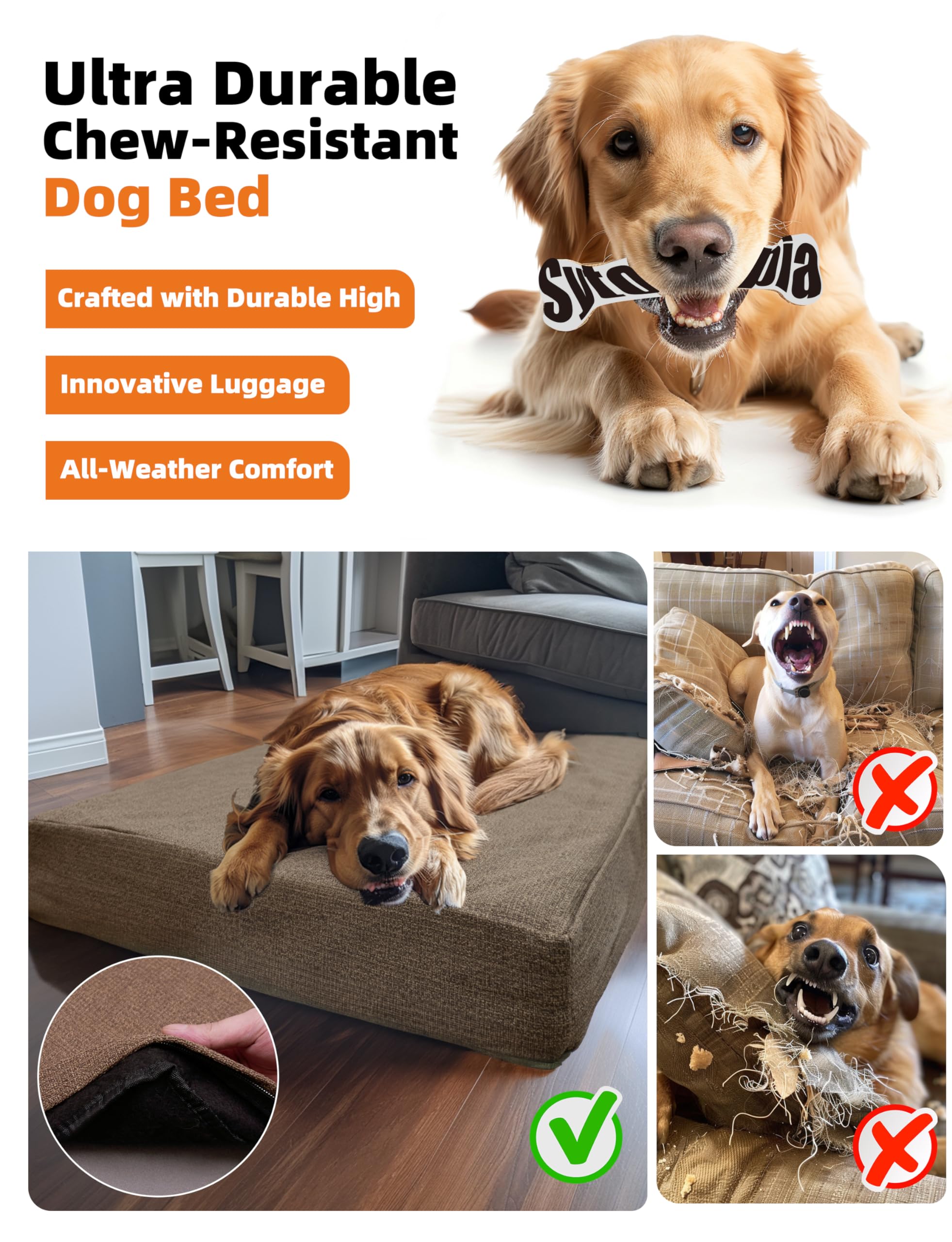 Sytopia Indestructible 42 Inch Orthopedic Waterproof Dog Crate Bed chew Proof for Extra Large Dogs, Removable Washable Cover, Egg Crate Foam Mat, Suitable for Dogs Up to 100 Lbs, Brown - image 3