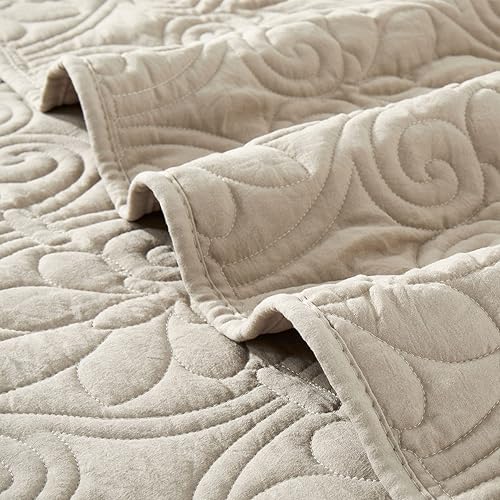 Miniatura 6 de Juego de colcha acolchada de 3 piezas con fundas de almohada, ligera para todas las estaciones, tamaño matrimonialqueen, caqui (90 x 90 pulgadas)