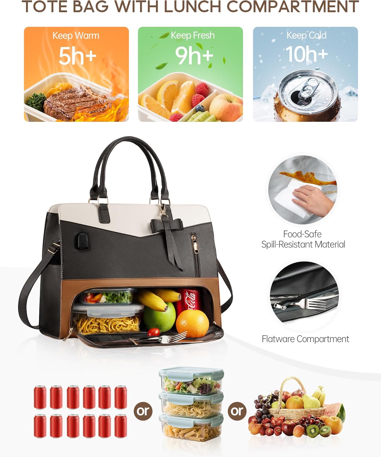 Lunch Tote Bag for Women 2 in 1 Laptop Work Bag with Lunch Insulated Compartment and Purse Combo Waterproof PU Leather 15.6 Inch Computer Shoulder Bag for Daily, Office, Picnic. Mix Color - Image 3
