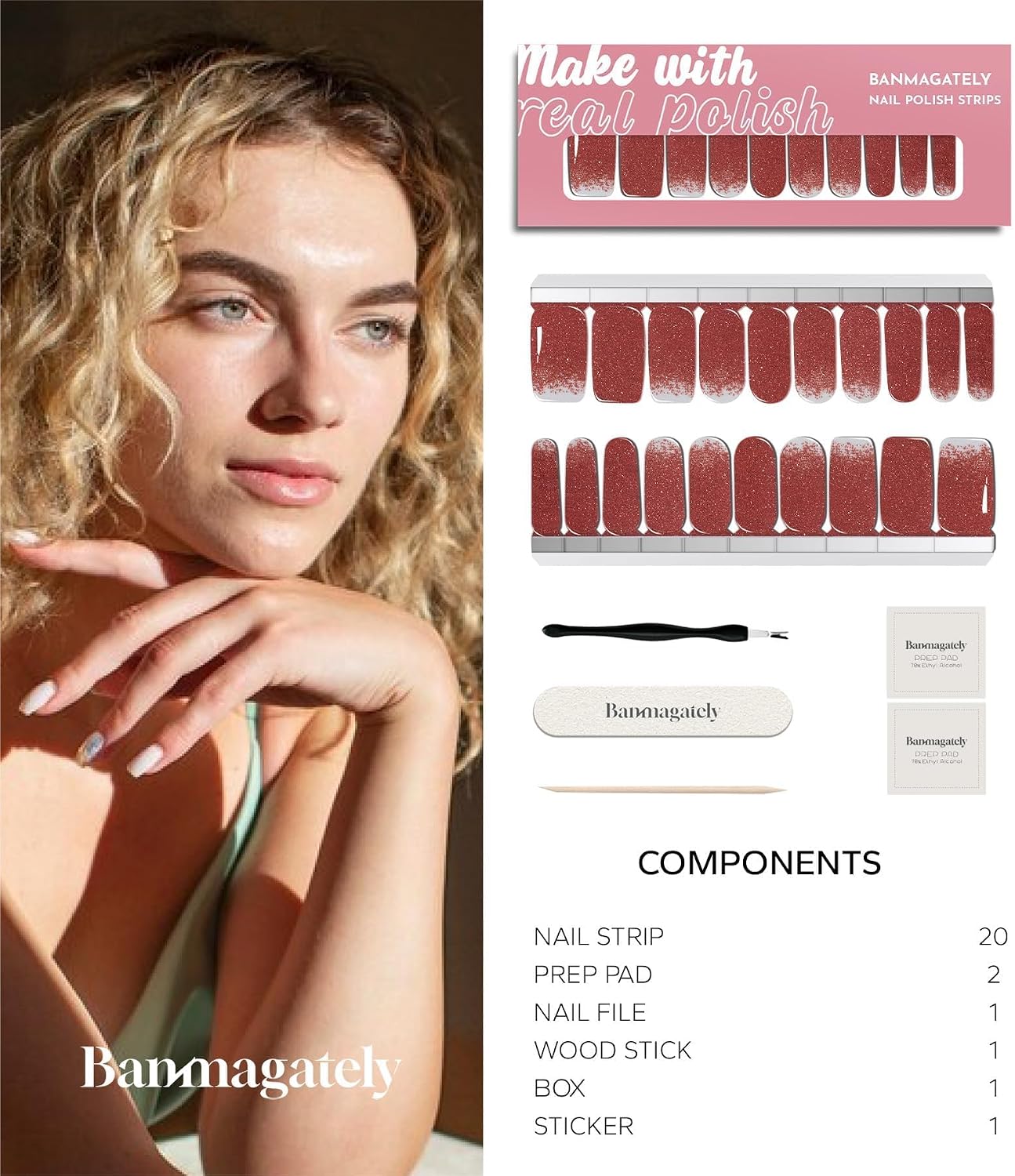 Nail Polish Strips, 20Pcs Salon Quality Gel Nail Stickers, Easy Long Lasting Wraps for Short Nails no UV Light Needed (Glitter Red)