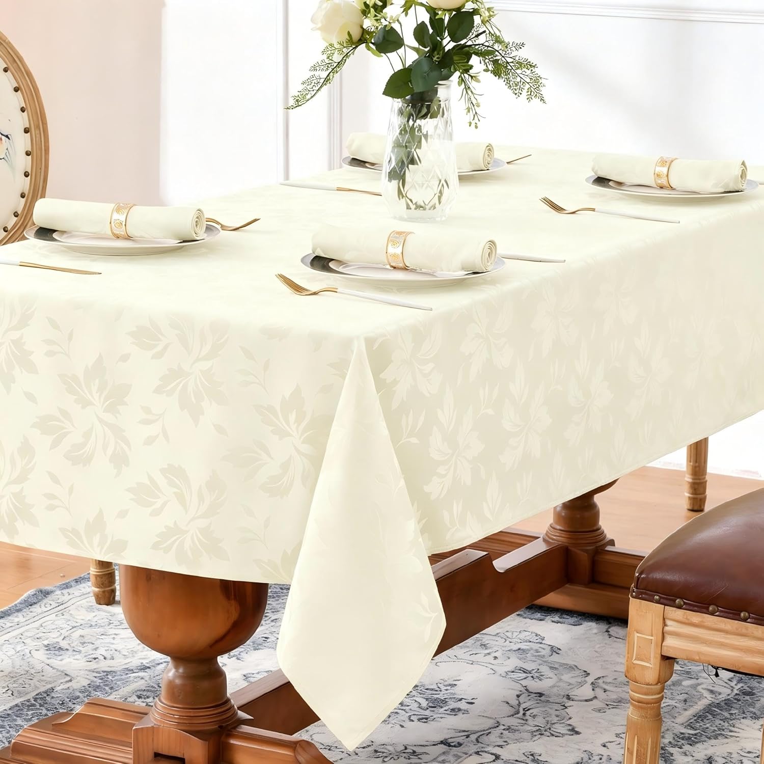 Romanstile Jacquard Rectangle Tablecloth - Outdoor Waterproof Damask Floral Pattern Decorative Table Cloths Heavy Weight Fabric Table Covers for Dinner/Parties/Outdoor - 60 x 102 Inch, Ivory