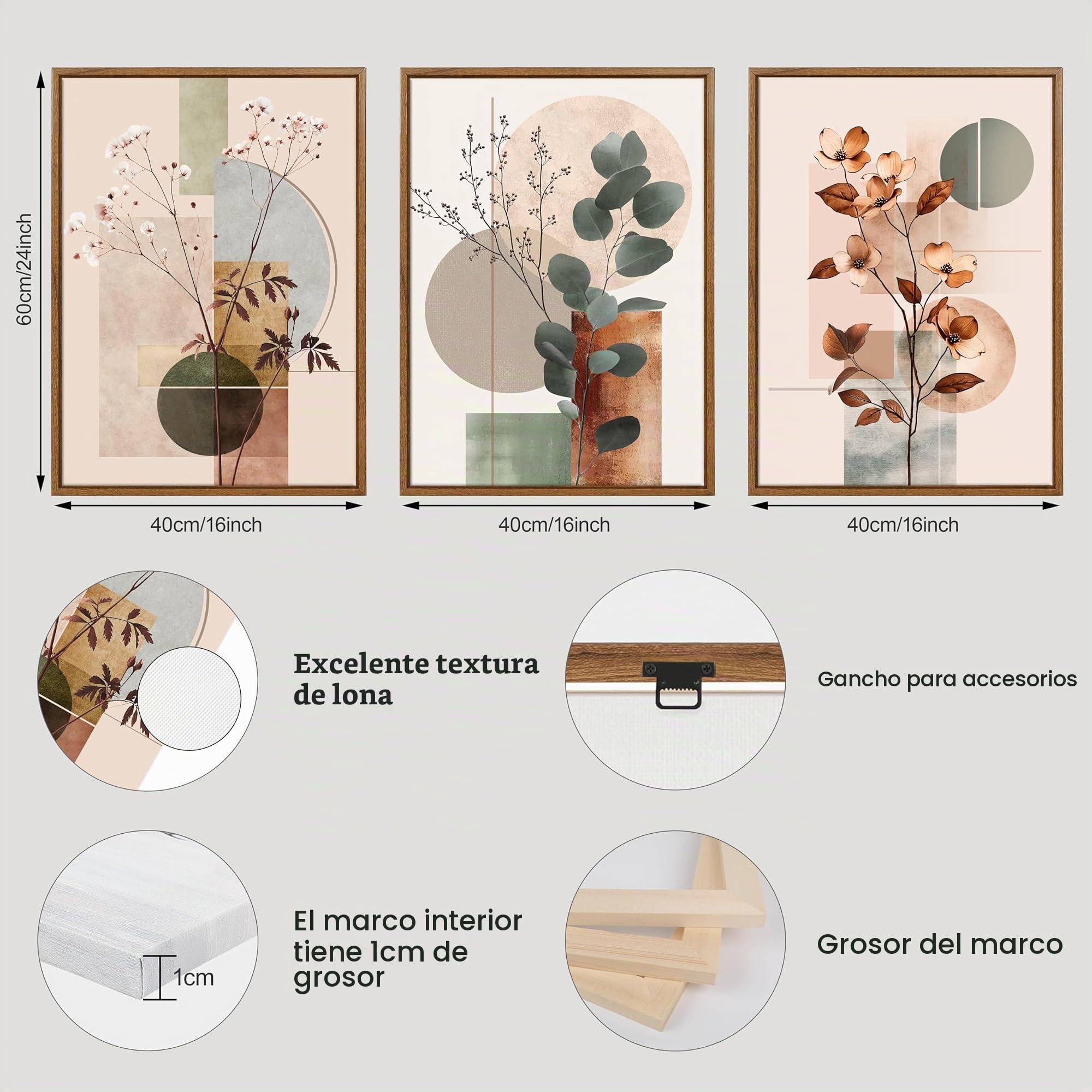 3 Pcs Beige Geométrico Plantas Floral Modernos Cuadros Decoracion Con Marcos, Botánico Algodón Eucalipto Hoja Cuadro y Láminas Lienzos Decorativos Hogar Para Comedor Salon Dormitorios 40X60cmx3Pcs