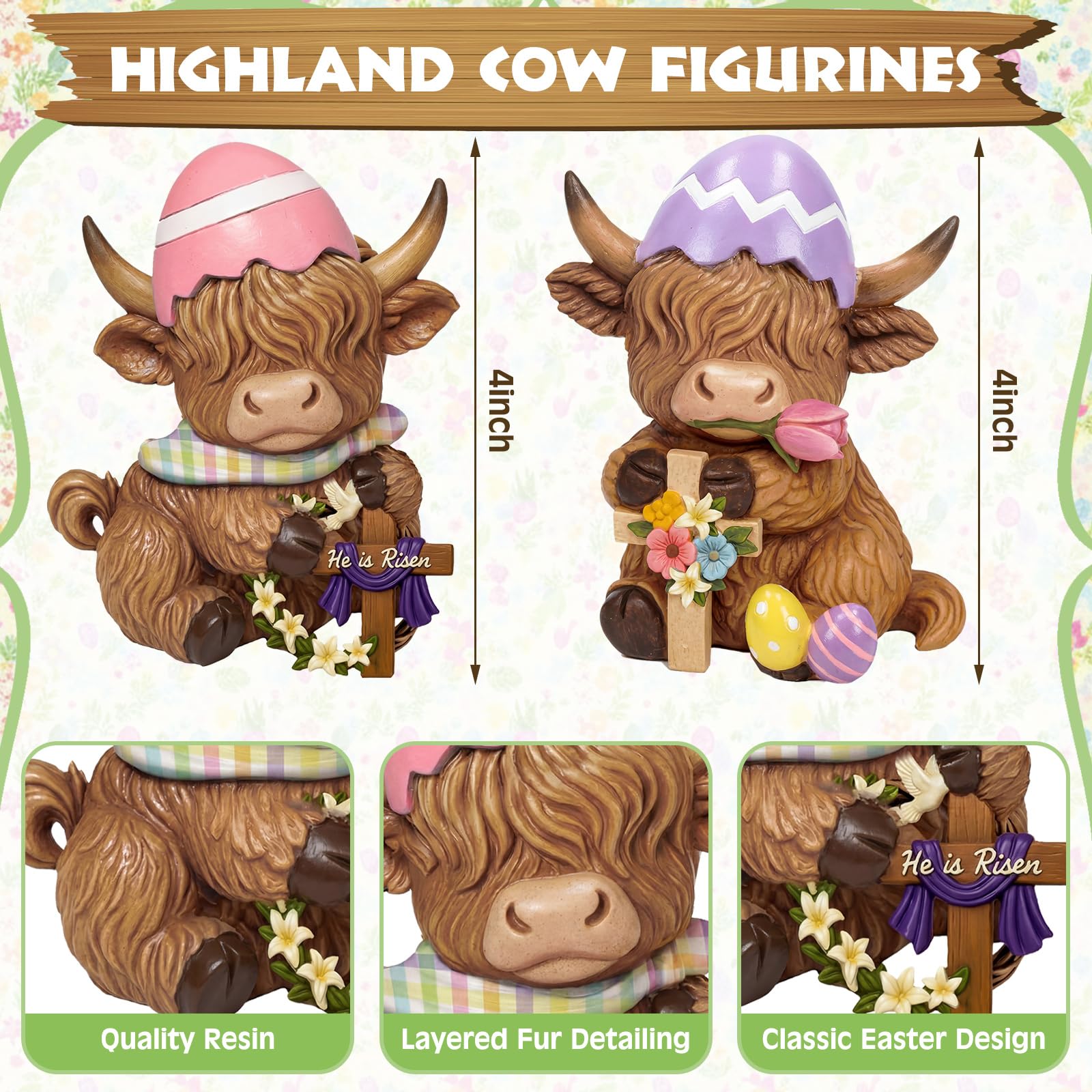 Simgoing Confezione da 2 statuette di mucca pasquale delle Highland primaverili con uova di Pasqua croce floreale per decorazioni da tavola per amanti dei vitelli, regali per la casa, centrotavola