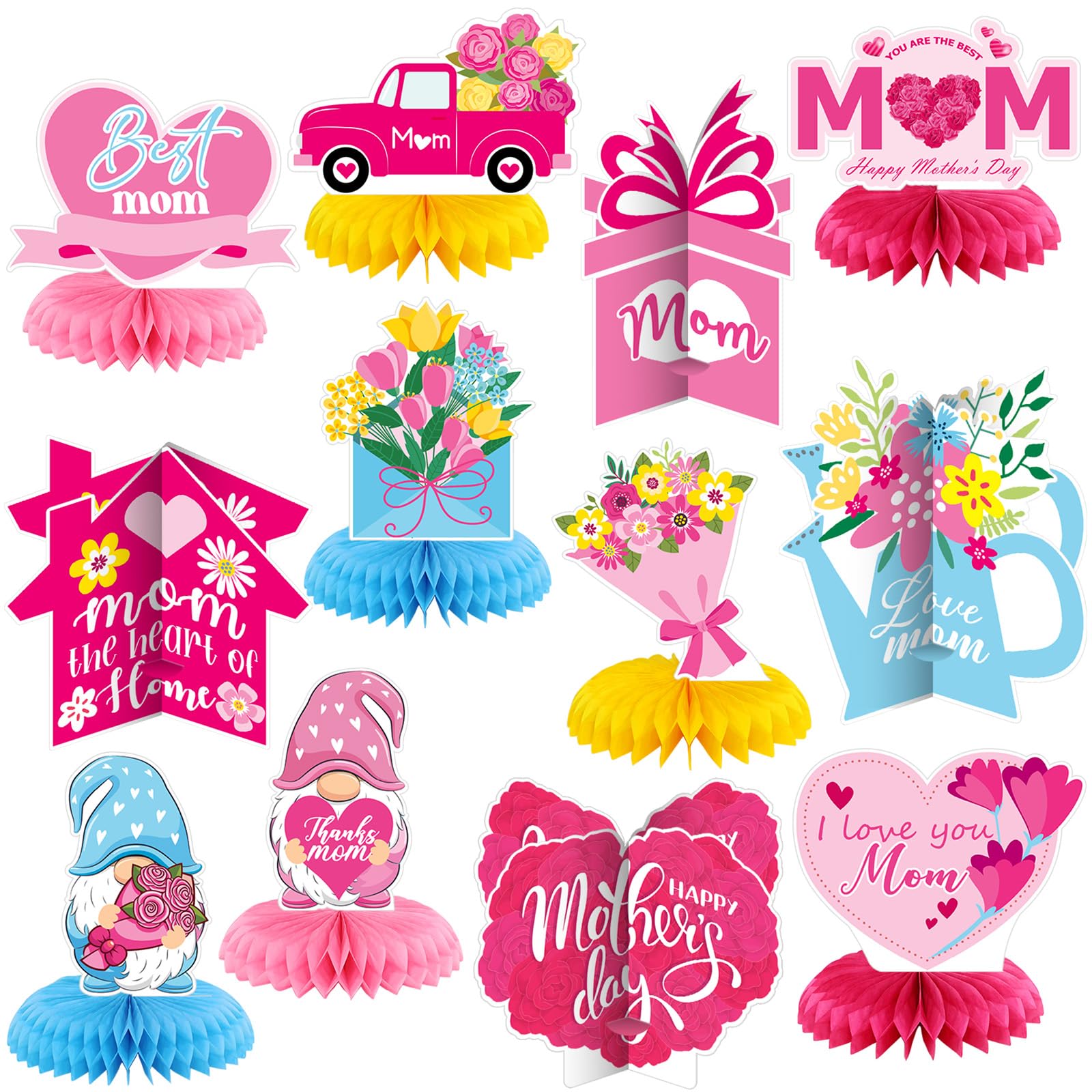 12 Pcs Mother's Day Decorations Honeycomb Centerpieces 3D Mothers Day Table Centerpiece Flower Heart Honeycomb Table Decorations for Mom Home Office Birthday Supplies Decor