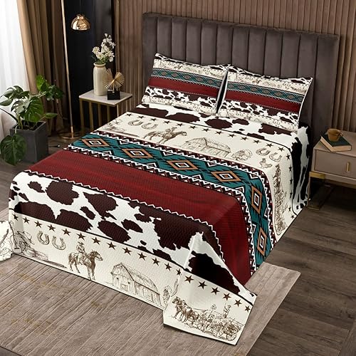 Miniatura 1 de Juego de colcha de retazos geométricos de color rojo y marrón, tamaño Queen, juego de edredón abstracto de piel de vaca vaquero, caballo vaquero,