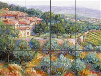 Tile Mural Backsplash Memories of Villa Le Lodoline by Joanne Morris Margosian Tuscan Landscape Art Ceramic Kitchen Shower Bathroom 32" x 24" - 8" Tiles