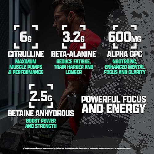 Miniatura 4 de OUTLIFT Amped Max Dosed Pre Entrenamiento en Polvo, 6G Citrulline, 3.2G Beta Alanina, Alpha GPC, CognatiQ, Energía Extrema, Bombas Masivas, Fuerza,