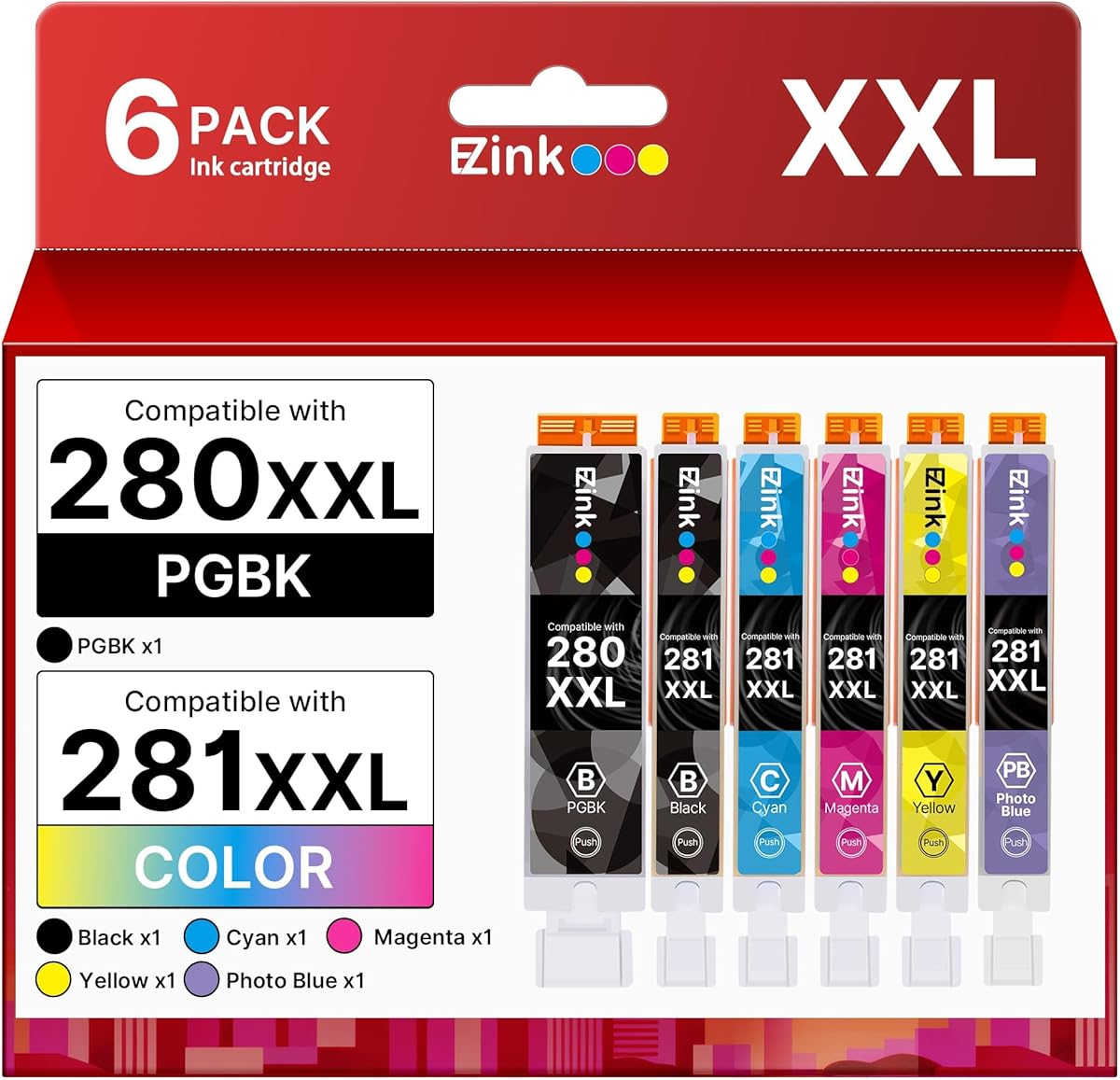 E-Z Ink Compatible TS9120 Ink Cartridge Replacement for Canon PGI-280XXL CLI-281XXL PGI 280XXL CLI 281XXL to use with PIXMA TS8320 TS8220 TS8120 (PGBK, Black, Photo Blue, Cyan, Magenta, Yellow) 6 Pack