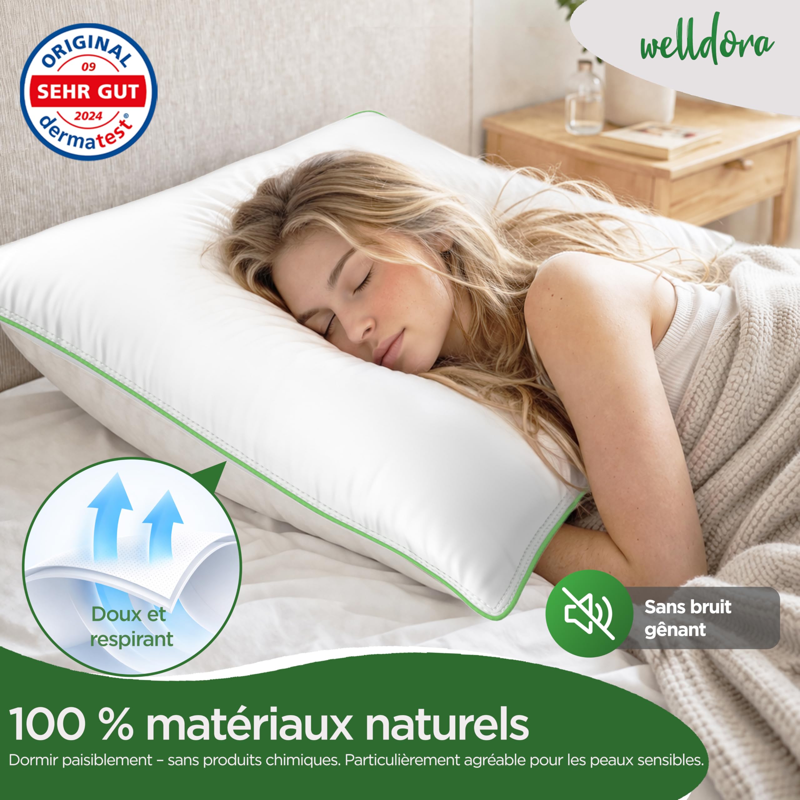 Welldora Oreiller 60x60, Premium 3 comp., Duvet/Plumes, Confort Moelleux