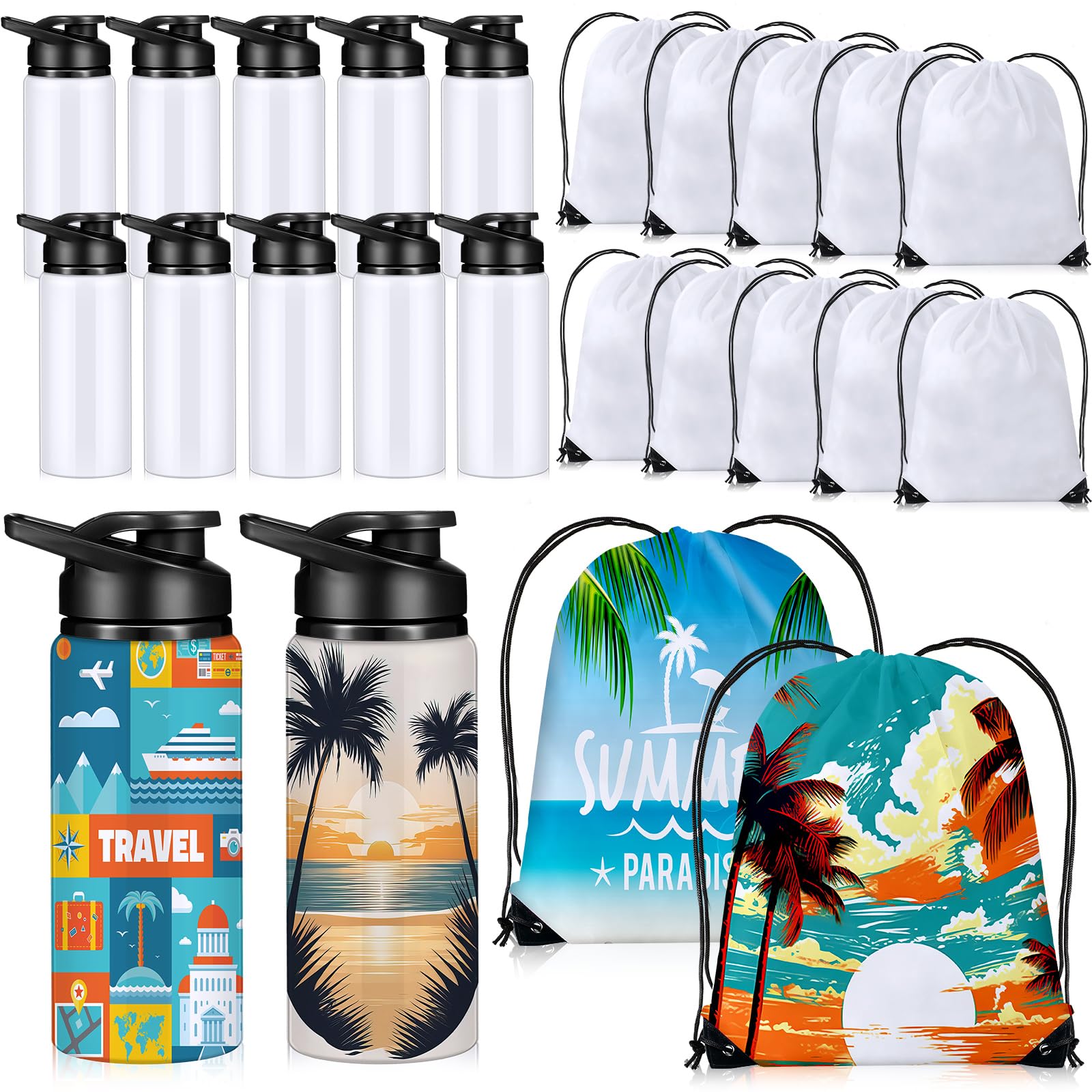 Blushtier 12 Set 20 oz Sublimation Aluminum Water Bottle and Sublimation Drawstring Bags Blank White Sublimation Sport Water Bottle with Drawstring Backpack for DIY Craft Travel Camping Hiking Gym