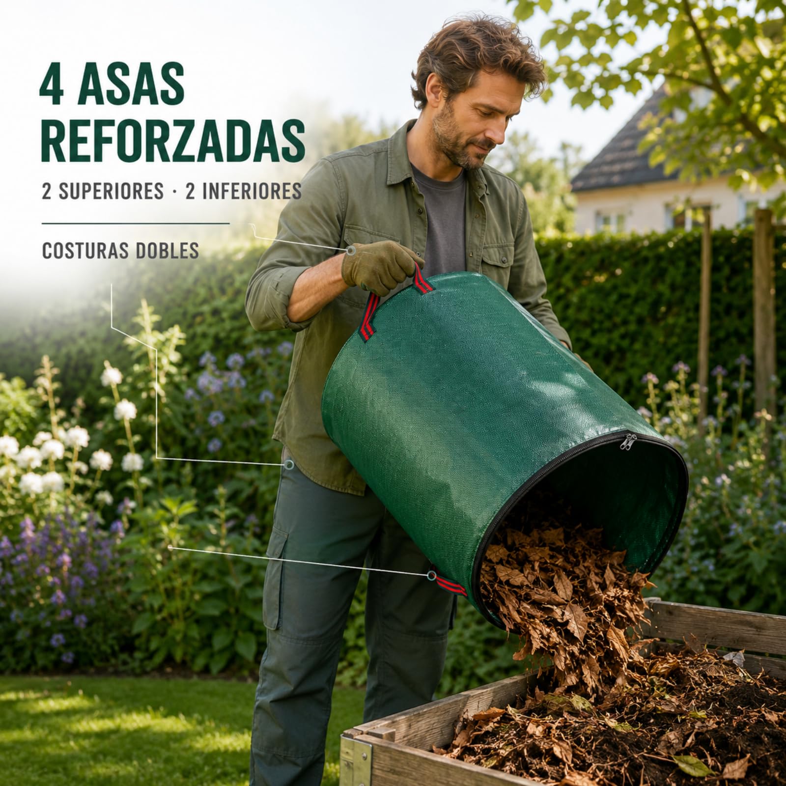 Sacchi Giardinaggio, 3 × 500 L, 4 Manici e Coperchi con Zip | 3 Sacchi da Giardino Riutilizzabili da 500 L con 4 Manici Rinforzati, Anello di Sostegno e Coperchio con Zip