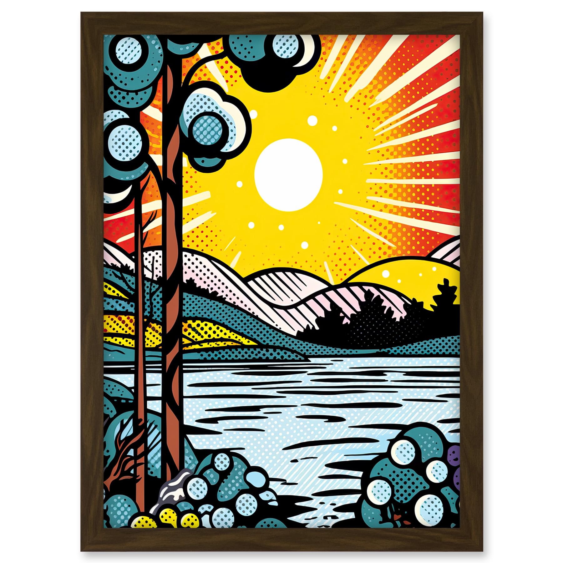 Artery8 Sunset Lakeside Landscape Comic Book Style Bubble Patterns Halftone Artwork Framed A3 Wall Art Print