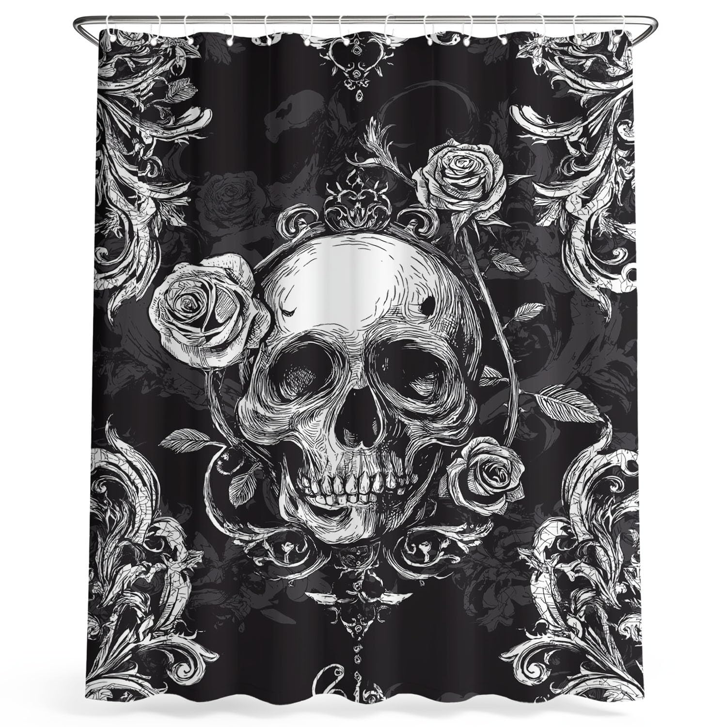 Generisch Cortina de ducha gótica oscura con diseño de calavera, 180 x 200 cm, resistente al agua, resistente al moho, tela de microfibra con ganchos, color blanco y negro