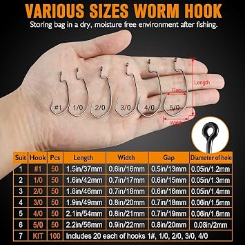 Dovesun EWG Offset Worm Hooks Texas Rig Hooks Bass Hooks 100PCS/50PCS Fishing Hooks for Freshwater Saltwater 1# 1/0 2/0 3/0 4/0 Mixed