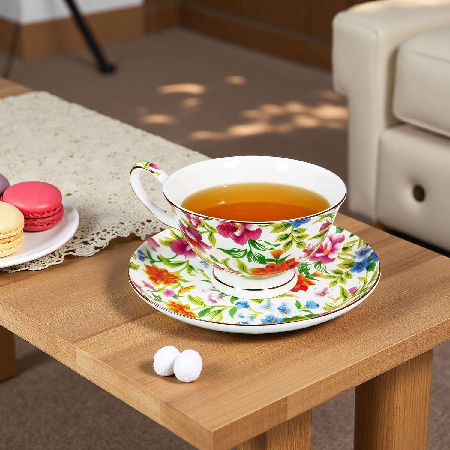 Tea cup and Saucer Set Royal Garden Style Tea Coffee Cup with Saucer 7 Ounces Bone China Teacup and saucer Set(White)