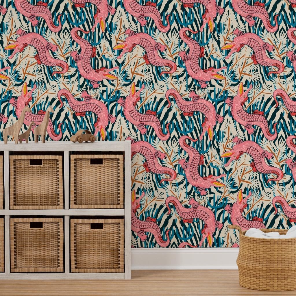 Spoonflower Peel & Stick Wallpaper 9ft x 2ft - Pink Gator Bright Animal Alligator Maximalism Reptile Large Scale Tropical Floral Crocodile Custom Removable Wallpaper