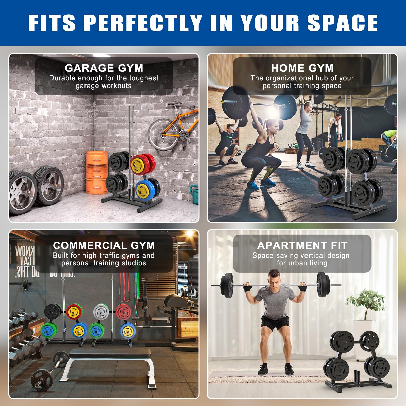 Kipika Gewichtsscheibenständer, Halter für 5 cm Olympia-Scheiben & 2 Langhantelhalter, robuster Bumper-Platten-Organizer für Heim-Fitnessstudio mit optionalen Rollen (A-Schwarz, ohne Rollen, 360 kg)